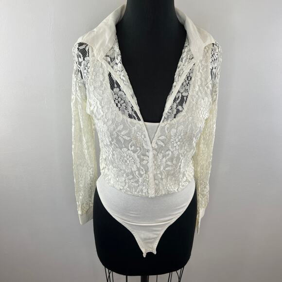 VINTAGE Anxiety Ivory Floral Lace Snap Up Long Sleeve Blouse Bodysuit Top VTG M - Picture 2 of 7